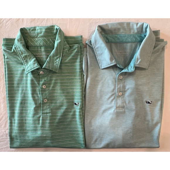 Vineyard Vines Other - VINEYARD VINES LG Set of 2- Performance Polo Shirts Mens Blue Green Stripe Whale